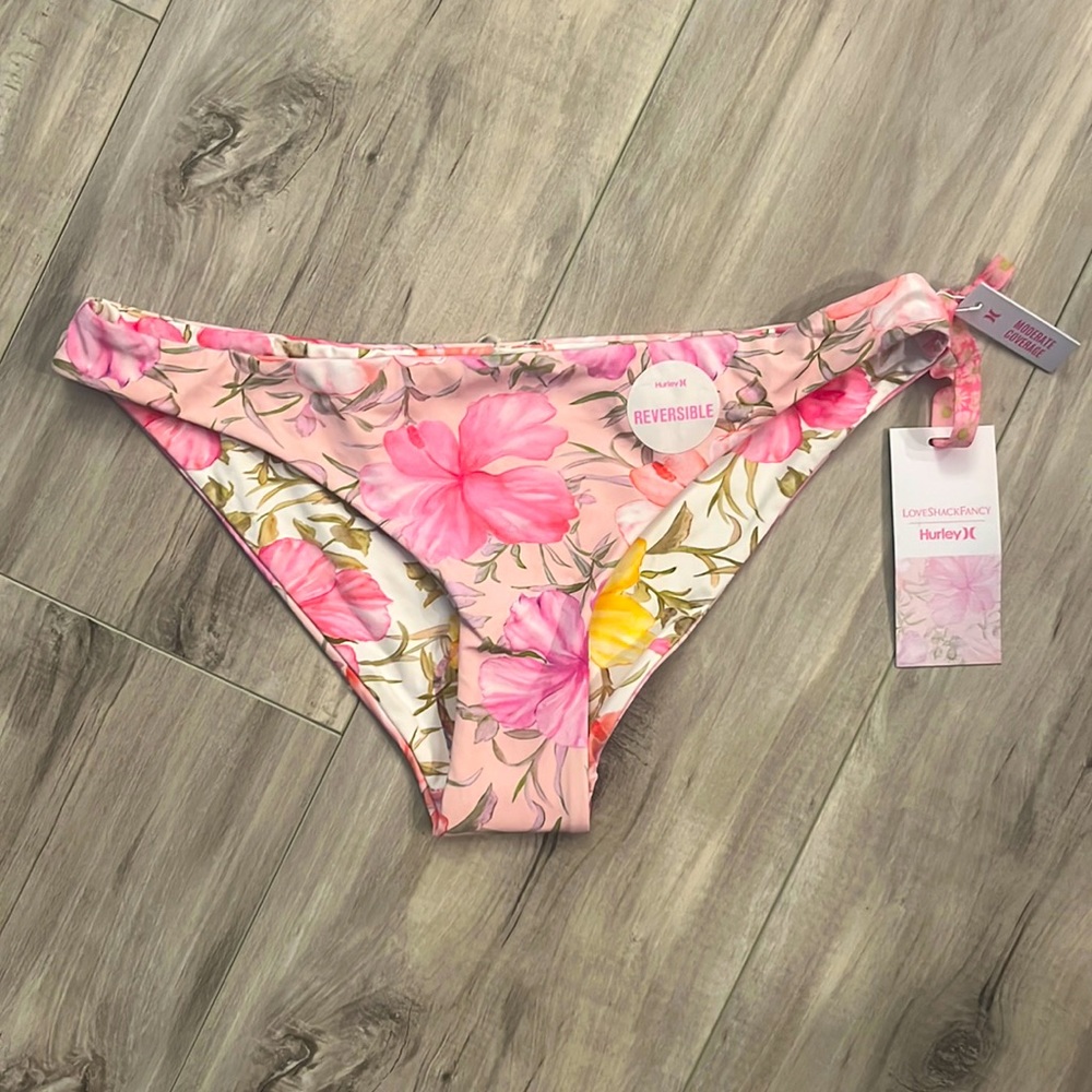NWT Love Shack Fancy Hibiscus Reversible Bikini Bottoms. Size Medium